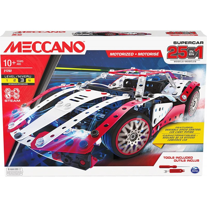 Spin Master - Meccano, Multimodello da 25 Supercar motorizzata, kit di costruzioni con 347 pezzi, attrezzi e fari funzionanti - 