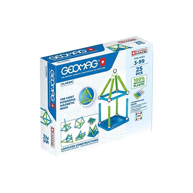 Geomag Classic- 25 Pezzi-Costruzioni Magnitiche per Bambini- Linea Green 100% Plastica Riciclata,  POS210192