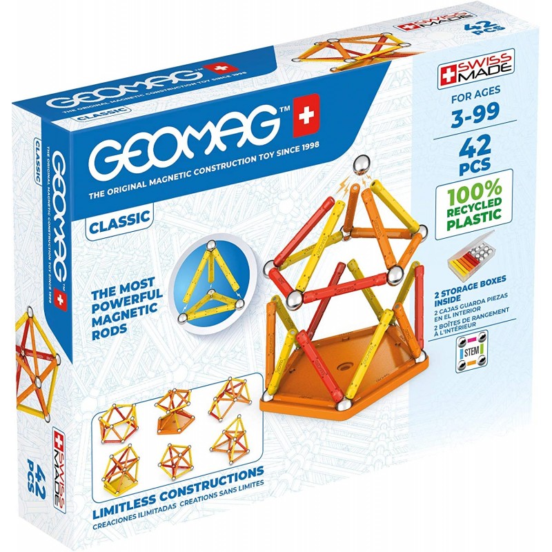 Geomag- Classic Costruzioni Magnetiche Per Bambini Linea Green 100% Plastica Riciclata, 42 Pezzi, Multicolore, POS210193