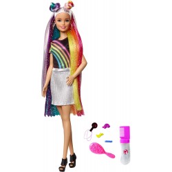 Mattel - Barbie Bambola con Capelli Lunghi Arcobaleno e Tanti Accessori, Giocattolo per Bambini 3 + Anni, M03K08