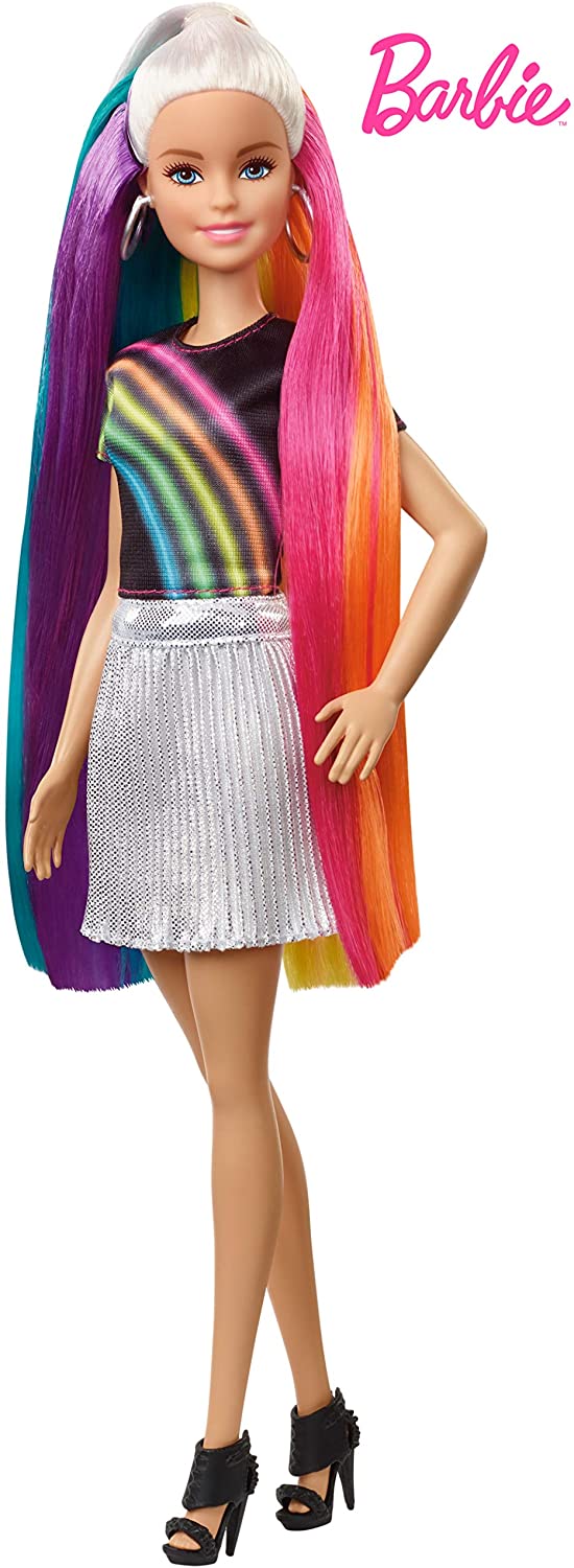 Mattel - Barbie Bambola con Capelli Lunghi Arcobaleno e Tanti Accessori,  Giocattolo per Bambini 3 + Anni, M03K08