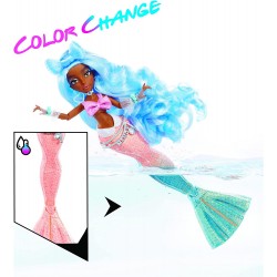 Mermaze Mermaidz - SHELLNELLE - Bambola alla moda sirena con coda che cambia colore in acqua ghiacciata e capelli blu - MGA17458