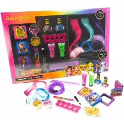 Nice - RAINBOW HIGH, Mega Set Hair & Nails, Kit per Bambine con Extension, Gel, Glitter, 3 Gessi colorati per Capelli e Smalti p