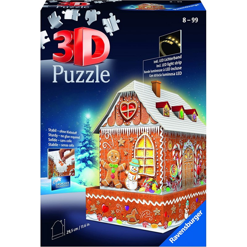 Ravensburger - 3D Puzzle Casetta di Pan di Zenzero Night Edition con Luce, 216 Pezzi - RAV11237