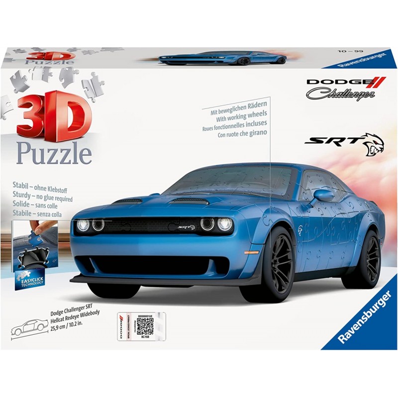 Ravensburger - 3D Puzzle Dodge Challenger SRT Hellcat Blu, 108 Pezzi - RAV11283