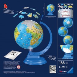 Ravensburger - 3D Puzzle Globo Night Edition con Luce, Impara la Geografia in Inglese, 180 Pezzi - RAV11498