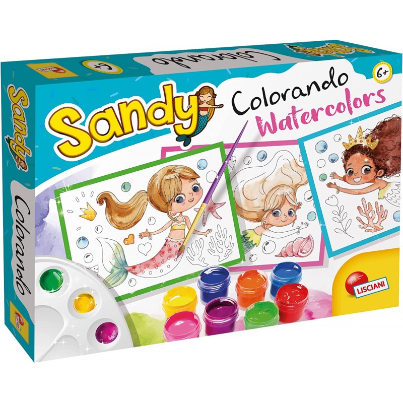 Lisciani Giochi - Sandy Colorando Watercolors, Fogli Disegnati, Acquerelli, Pennello, Pipetta Pasteur, 97470