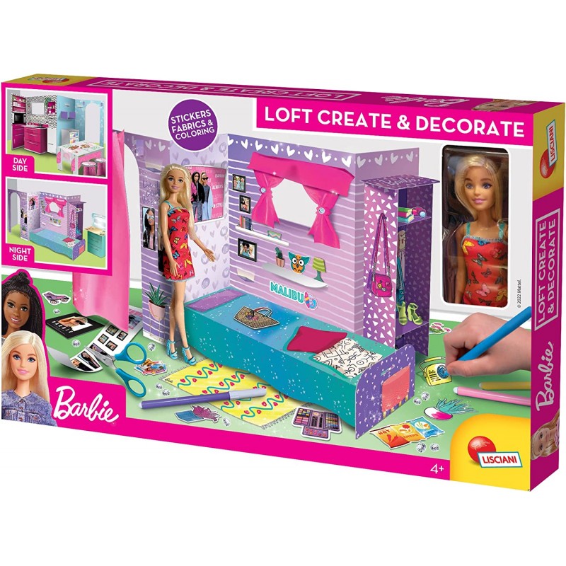 Lisciani Giochi - Barbie Create e Decorate, Bambola Inclusa, Loft in Cartone e Mobili da Costruire, Pennarelli, Sticker, Fogli d