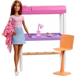 Mattel - Barbie Playset Camera da Letto, Bambola Brunette con Letto, Scrivania e Accessori, FXG52