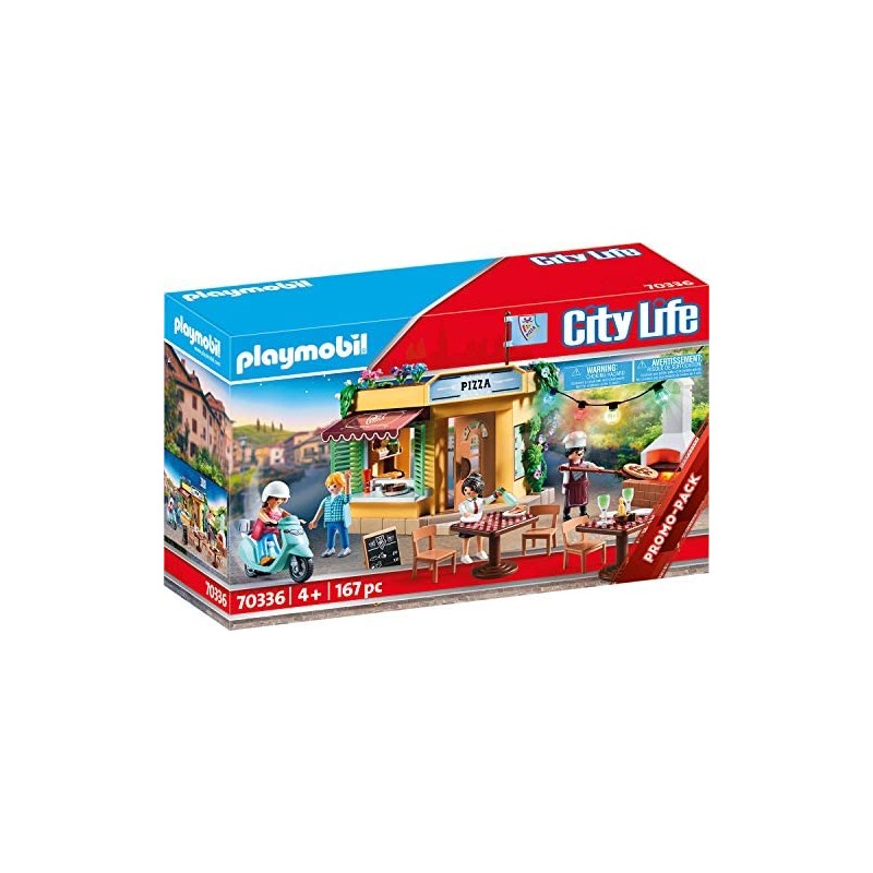 Playmobil - City Life 70336 - Pizzeria con Tavoli all Aperto con Effetti Luminosi - PM70336