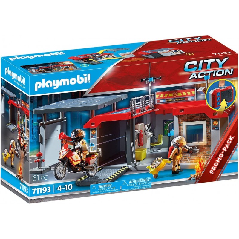 Playmobil - City Action 71193 - Stazione dei Vigili del Fuoco con Motocicletta, Valigetta Apribile e Trasportabile con Manico - 