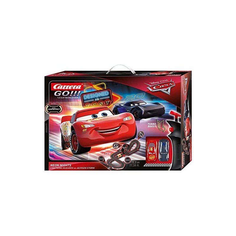 Carrera Toys GO!!! Disney Pixar Cars Neon Nights Set Pista da Scontro e Due Macchinine con Saetta Mcqueen e Jackson Storm, Gioco