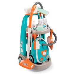 Smoby- Carrello pulizie con Aspirapolvere per Bambini dai 3 Anni in su, Colore Turchese, 330309