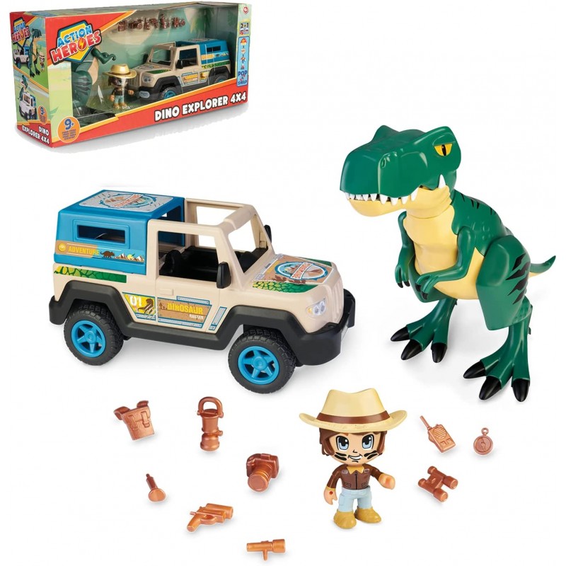 Famosa - ACTION HEROES Dino Explorer 4 X 4, Jeep con ruote larghe, personaggio e dinosauro T-REX, ACN10010