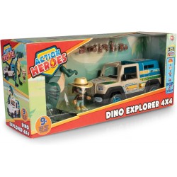 Famosa - ACTION HEROES Dino Explorer 4 X 4, Jeep con ruote larghe, personaggio e dinosauro T-REX, ACN10010