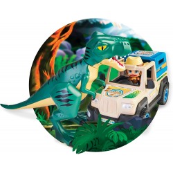 Famosa - ACTION HEROES Dino Explorer 4 X 4, Jeep con ruote larghe, personaggio e dinosauro T-REX, ACN10010