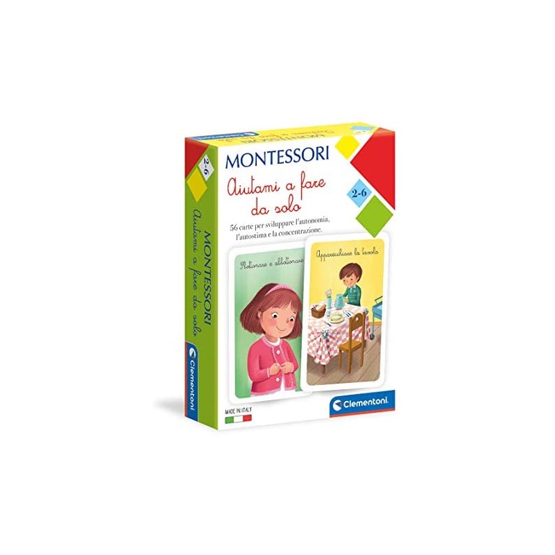 Clementoni Carte Aiutami a Fare da Solo Montessori 2 anni (versione in italiano), gioco educativo-Made in Italy, Multicolore, 16
