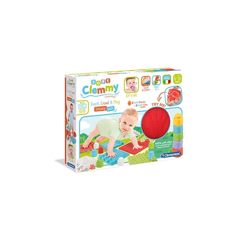 Clementoni- Soft Clemmy-Percorso Sensoriale, mattoncini Morbidi, Bambini 6 Mesi+, Tappeto e Blocchi da Costruzione-Made in Italy