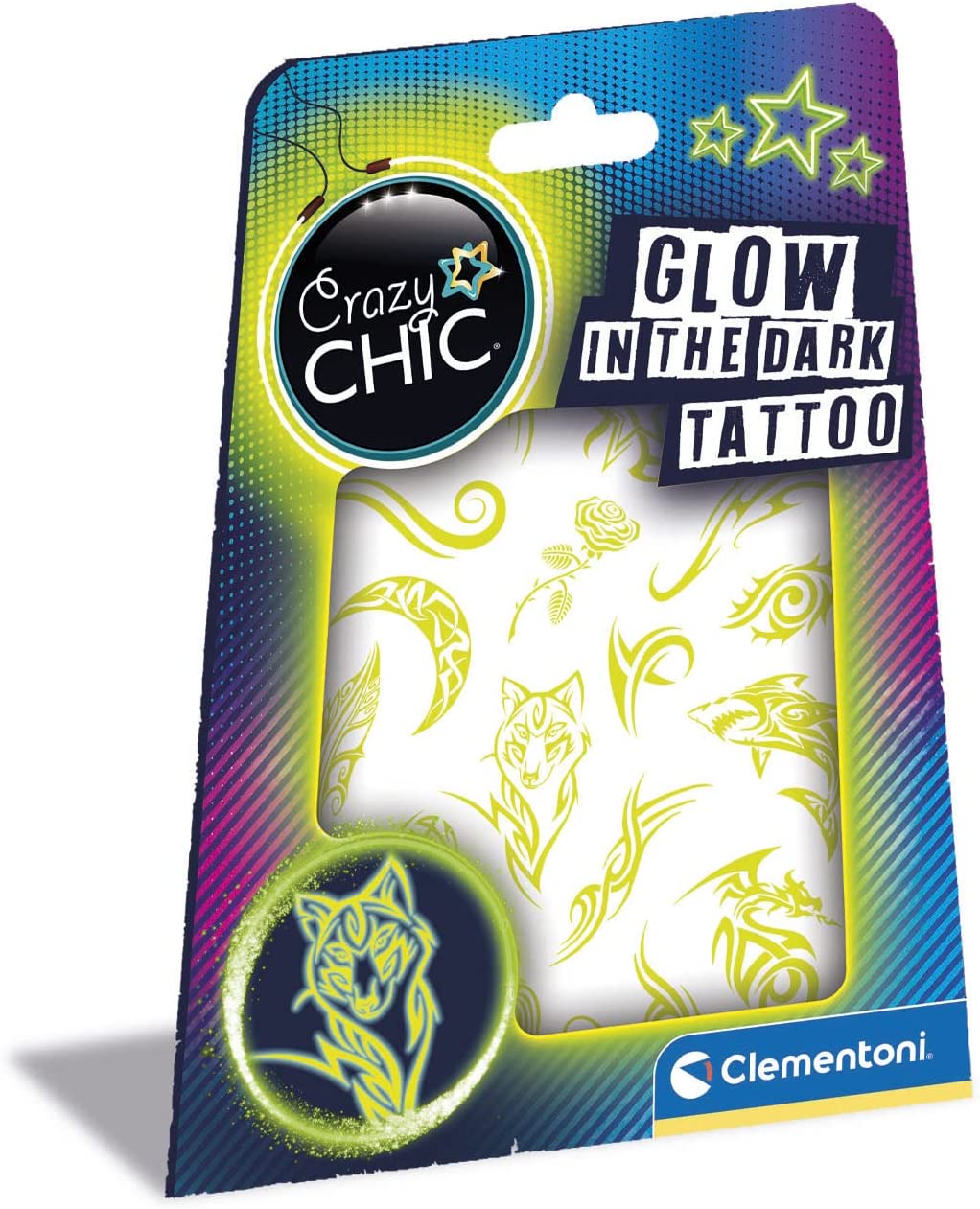 Clementoni - Crazy Chic - Glow In The Dark Tattoo - tatuaggi fluorescenti, kit  tatuaggi temporanei bambini - CL18687