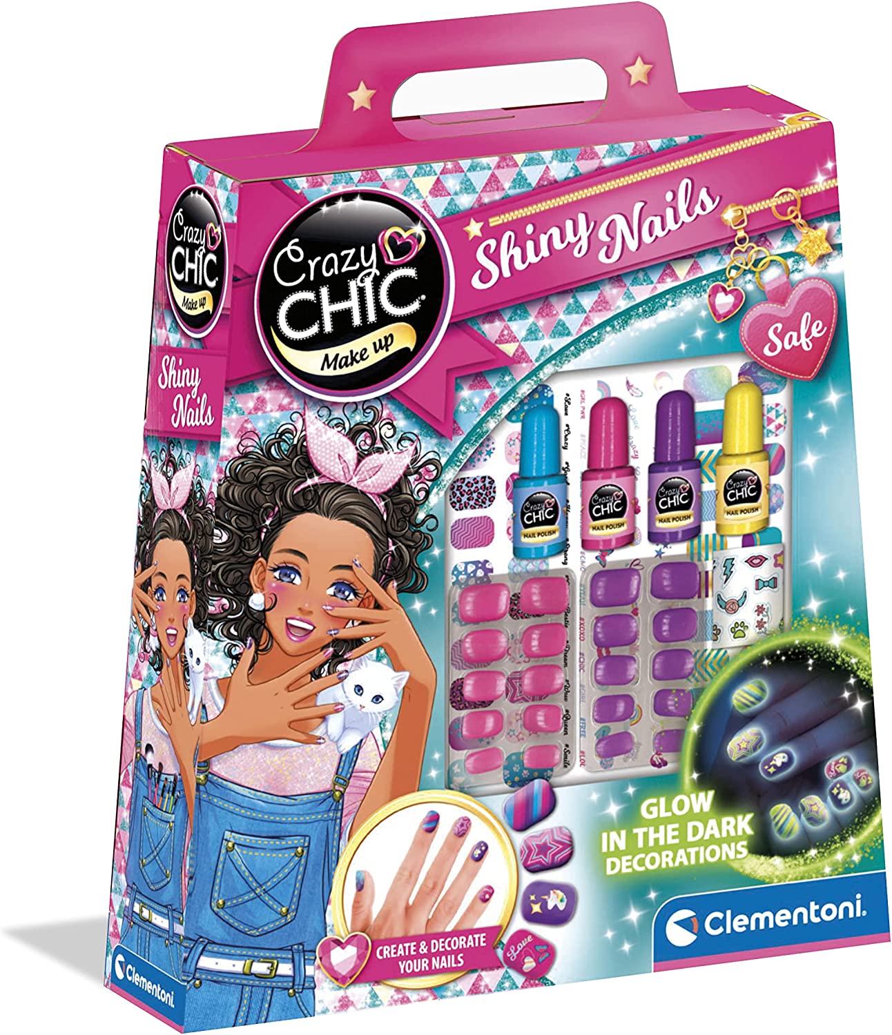 Clementoni - Crazy Chic - Shiny Nails - Kit finte, Set Bambina 6 Anni  Decora Unghie Fluorescenti, Trousse smalti, Regalo per Man