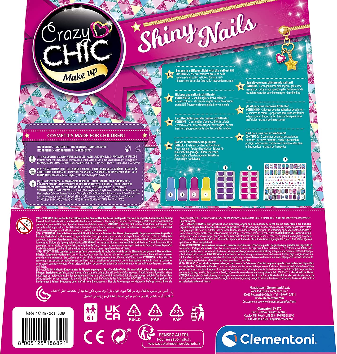 Clementoni - Crazy Chic - Shiny Nails - Kit finte, Set Bambina 6 Anni  Decora Unghie Fluorescenti, Trousse smalti, Regalo per Man