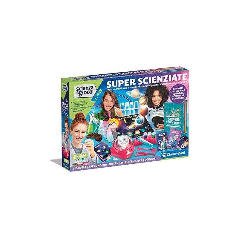 Clementoni Gioco Lab-Super scienziate Chimica, Kit esperimenti Scienza, Laboratorio scientifico 8 Anni, Manuale in Italiano, Mad