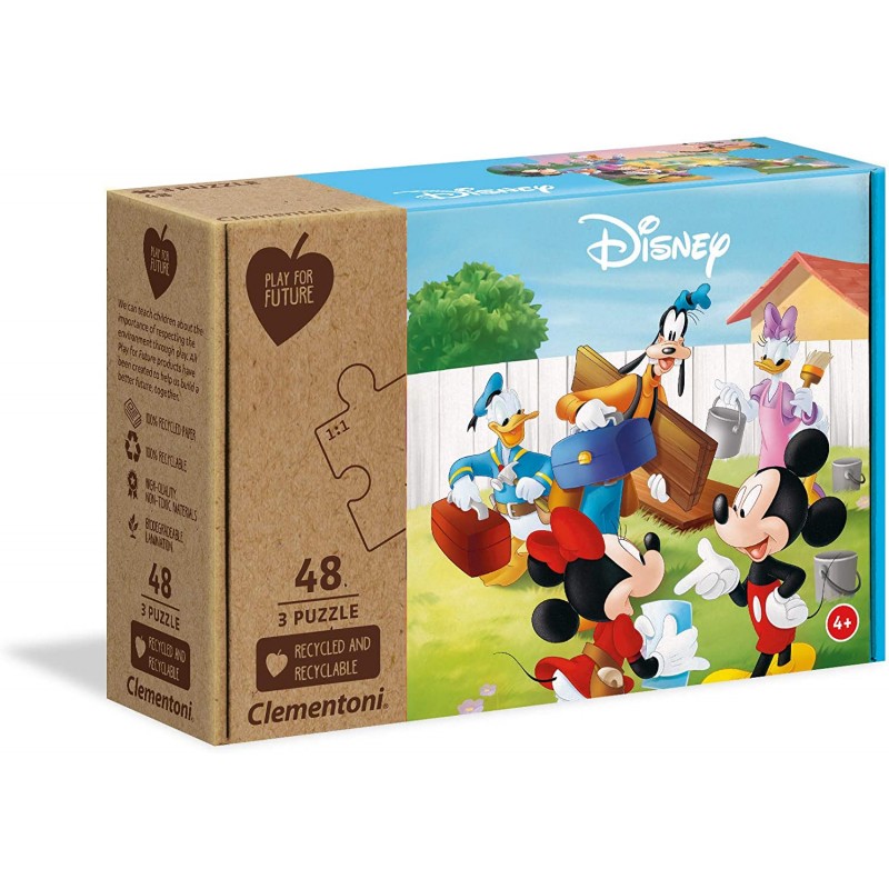 Clementoni - Play For Future - Disney Mickey Classic Puzzle per bambini 4 anni+, 3x48 pezzi - CL25256