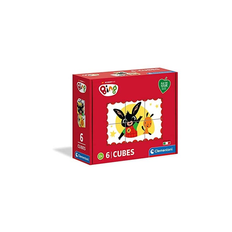 Clementoni 3 anni-cubi da 6 pezzi-Play For Future, materiali 100% riciclati-Made in Italy, bambini bing, puzzle cartoni animati,