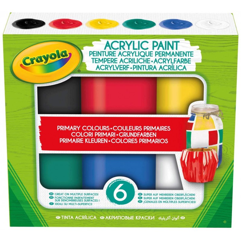crayola- 6 tempere acriliche colori primari in barattolini richiudibili pronte allampamp39uso per scuola e tempo libero 54-2009