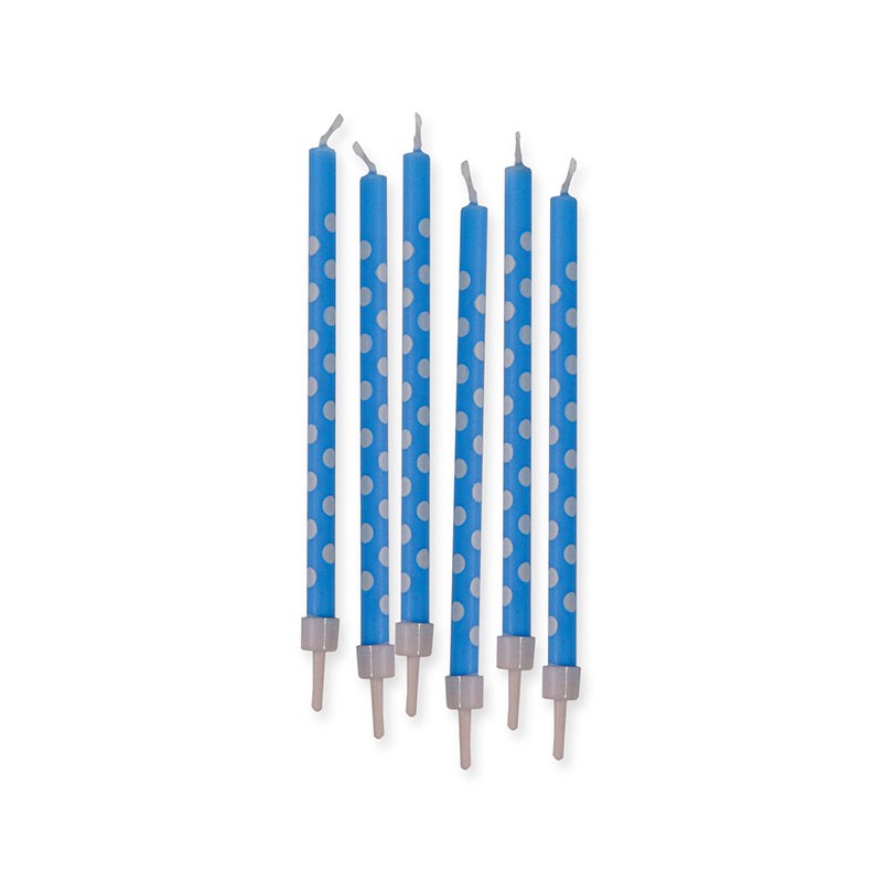 6 Candeline matita con supporti, colore celeste a pois, DI73106