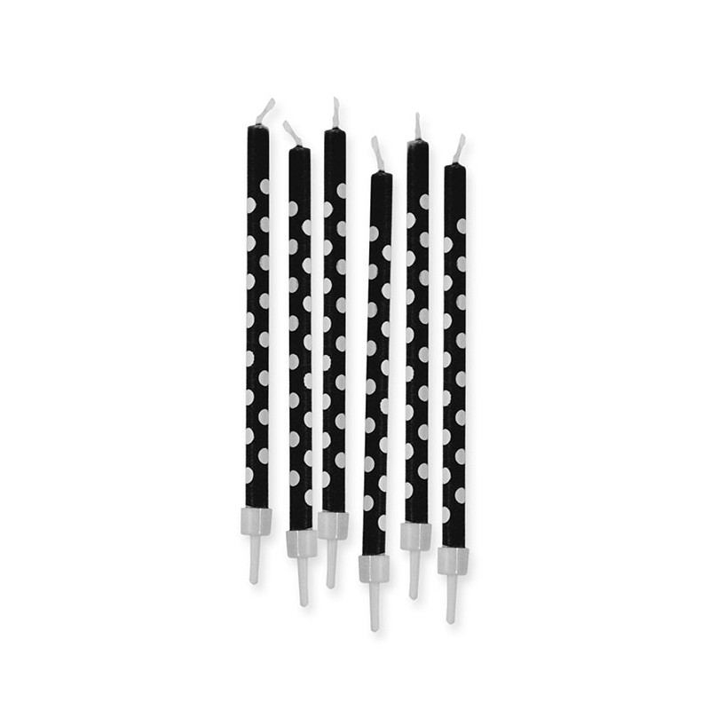 6 Candeline matita con supporti, colore nero a pois, DI73127