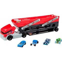 Hot Wheels Mega Trasportatore con Rimorchio, Playset con 6 Livelli Espandibili e 4 Macchinine Incluse, FPM81