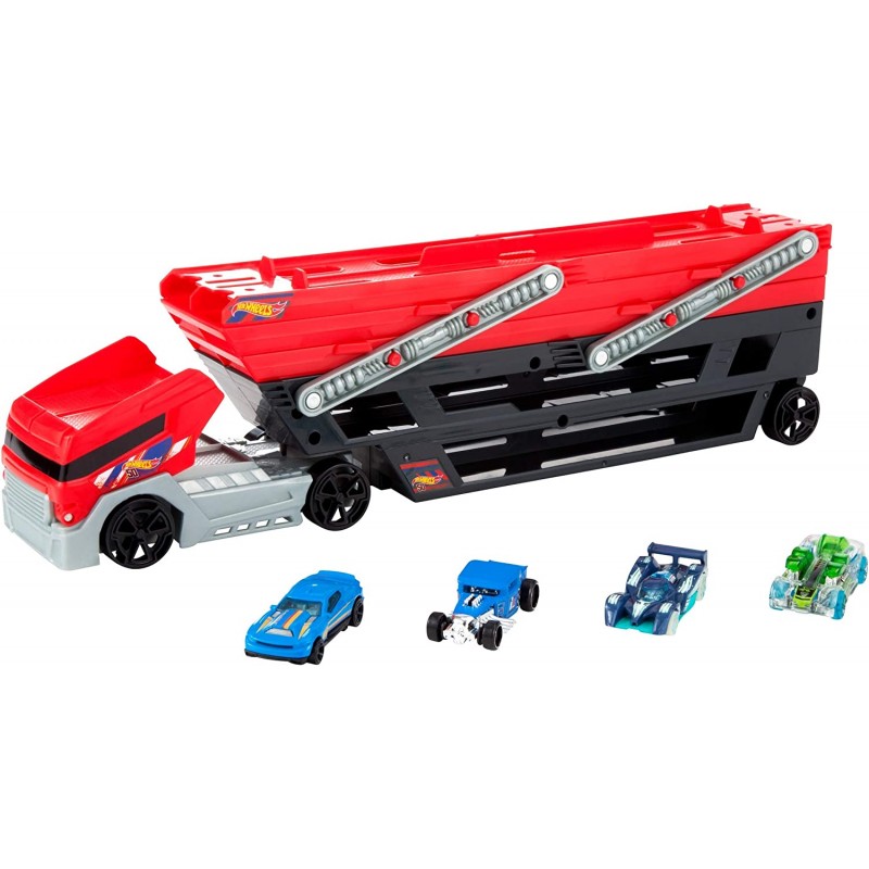 Hot Wheels Mega Trasportatore con Rimorchio, Playset con 6 Livelli Espandibili e 4 Macchinine Incluse, FPM81