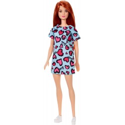 Barbie- Bambola con Capelli Rossi, Vestitino Decorato con Cuoricini e Sneakers GHW48