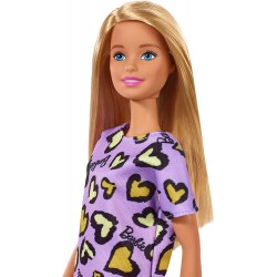 Barbie- Bambola Bionda con Abito Viola con Cuoricini Gialli - GHW49