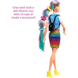 Mattel - Barbie - ​Bambola Bionda con Capelli Arcobaleno, Cerchietto e Borsa, Accessori a Tema Leopardo, 3+Anni, GRN81