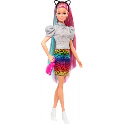 Mattel - Barbie - ​Bambola Bionda con Capelli Arcobaleno, Cerchietto e Borsa, Accessori a Tema Leopardo, 3+Anni, GRN81