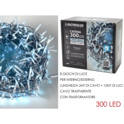 LUCI 300 LED BIANCO FREDDO PER ESTERNO CAVO 12mt TRASPARENTE