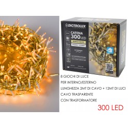 LUCI 300 LED BIANCO CALDO PER ESTERNO CAVO 12mt TRASPARENTE