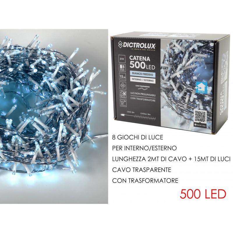 LUCI 500 LED BIANCO FREDDO PER ESTERNO CAVO 15mt TRASPARENTE