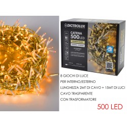 LUCI 500 LED BIANCO CALDO PER ESTERNO CAVO 15mt TRASPARENTE