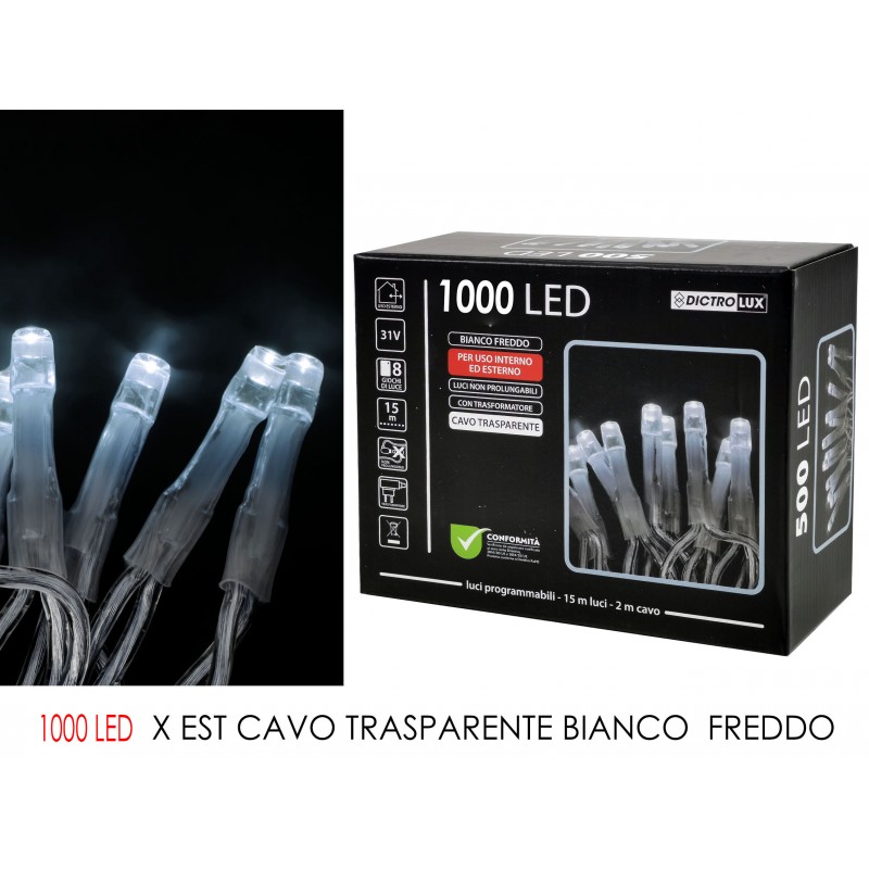 LUCI 1000 LED BIANCO FREDDO PER ESTERNO CAVO 15mt TRASPARENTE