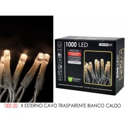 LUCI 1000 LED BIANCO CALDO PER ESTERNO CAVO 15mt TRASPARENTE