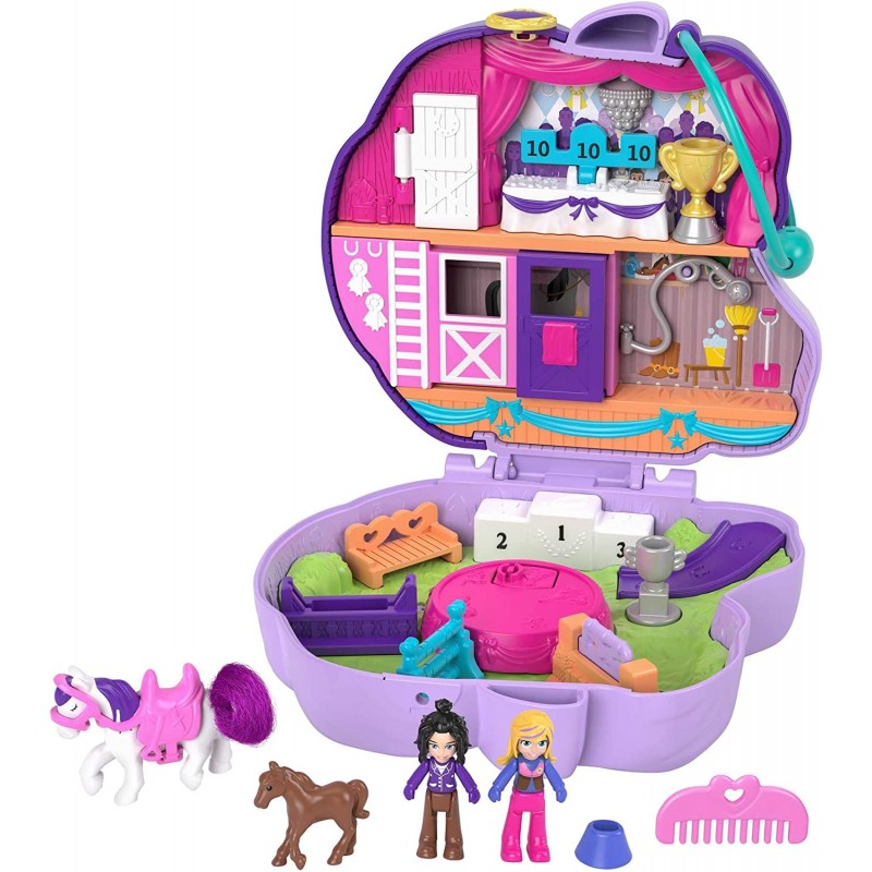 Polly Pocket Cofanetto Maneggio dei cavalli con 2 Micro Bambole, Cavalli e Accessori, GTN14