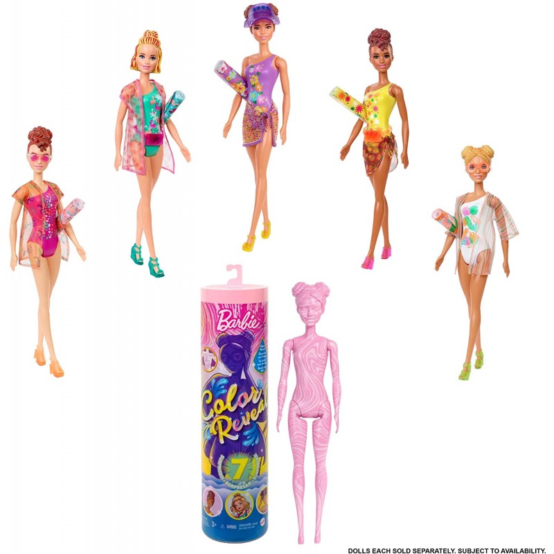Mattel - Barbie - Color Reveal Beach, Bambola Cambia Colore con 7 Sorprese a Tema Spiaggia e Tanti Accessori - GTR95
