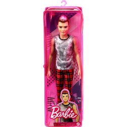 Barbie Fashionistas - Bambola Ken dai Capelli Castani con Punte Rosse, Canottiera e Pantaloni Scozzesi 176, GVY29