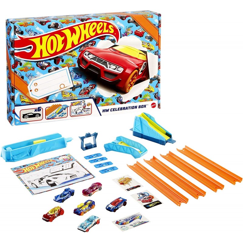 Hot Wheels Kit Regalo con 6 Veicoli, Pista, Connettori, Lanciatore a 4 Velocità e Molto Altro, GWN96