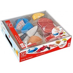 Hape Set Carne E Pesce Hape, Set di Gioco in Legno per Bambini, ingredienti E Accessori per Cucinare con Velcro per il Gioco di 