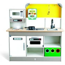Hape- Cucina di Gioco Deluxe con microonde, caffettiera, Frigorifero, Forno, fornelli incl. Padella Divertente con Molti Accesso