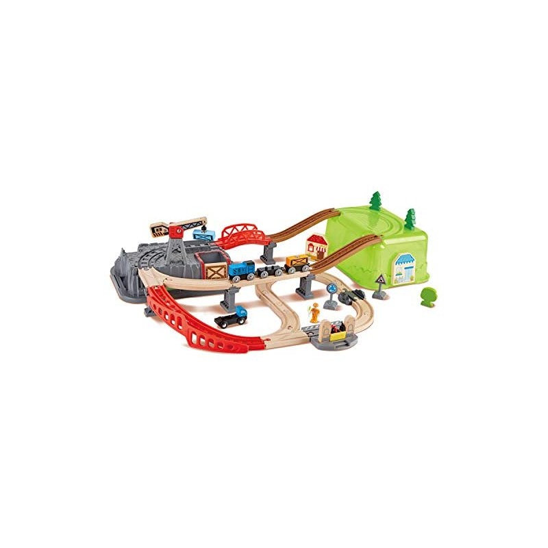 Hape Contenitore Gioco Set Pista con Sopraelevate Completo di Treno Merci E3764